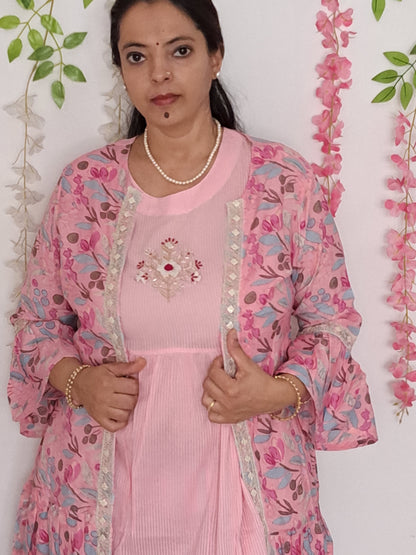 Enchanting Blush: Cotton Pink 3-Piece Shrug Co-ord Set with Hand Embroidery