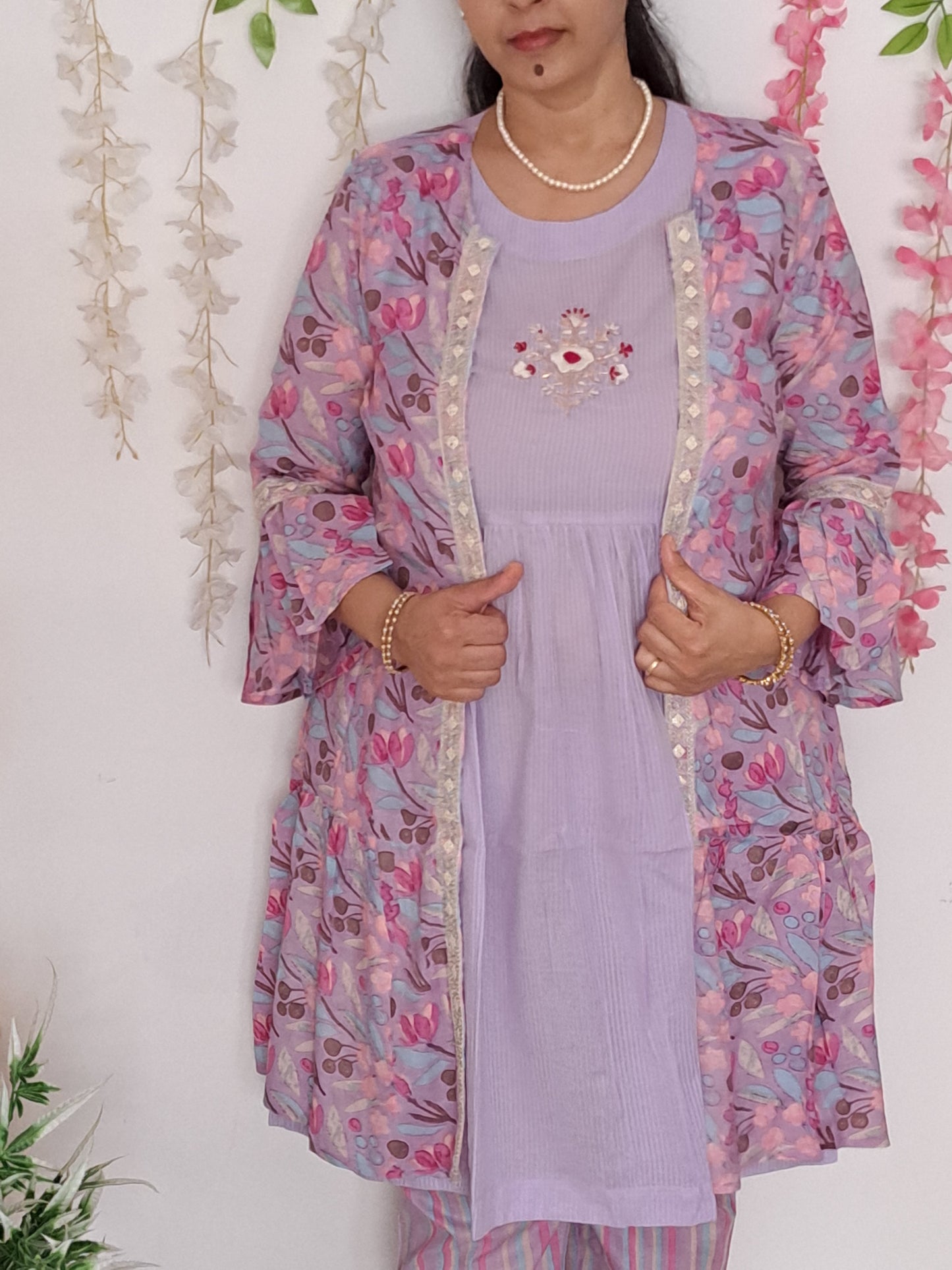 Regal Amethyst: Cotton Purple 3-Piece Shrug Co-ord Set with Hand Embroidery