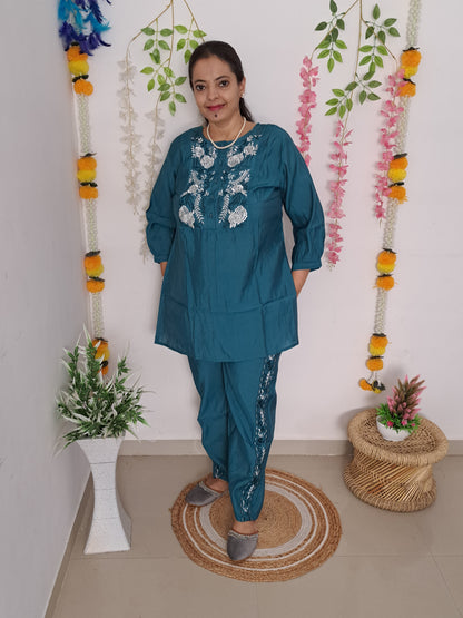 Teal Treasures: Embroidered Muslin Co-ord Set