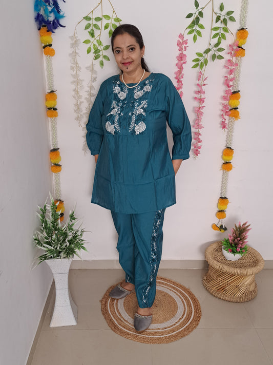 Teal Treasures: Embroidered Muslin Co-ord Set