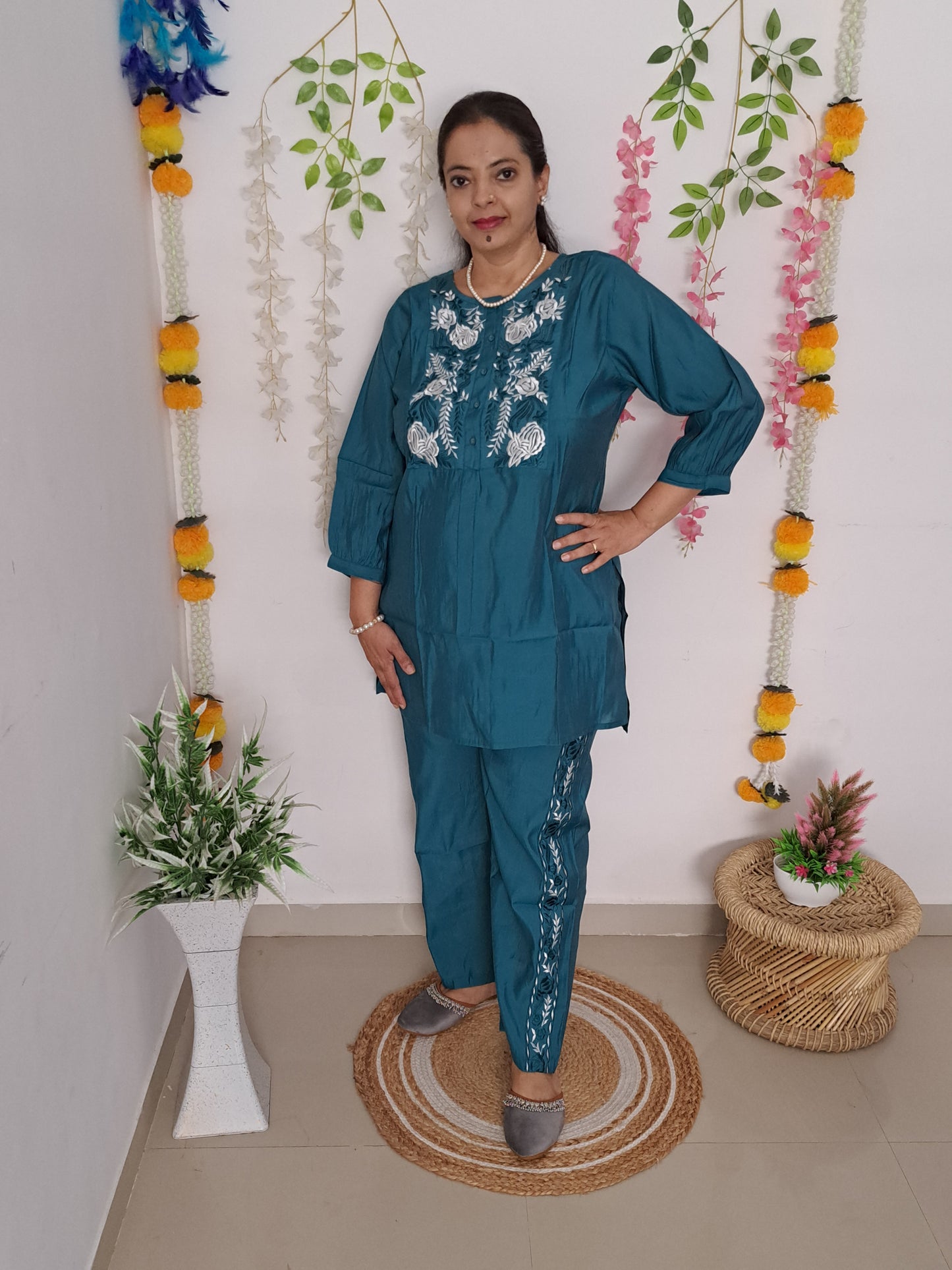 Teal Treasures: Embroidered Muslin Co-ord Set