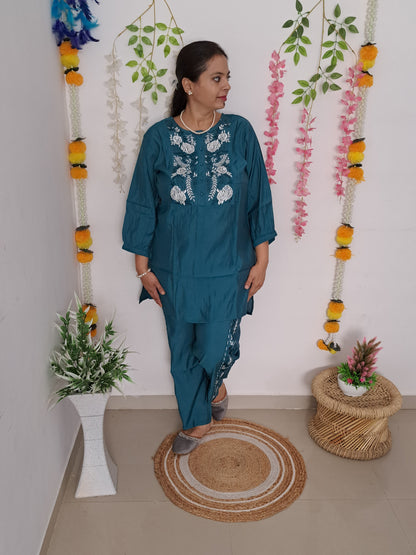 Teal Treasures: Embroidered Muslin Co-ord Set