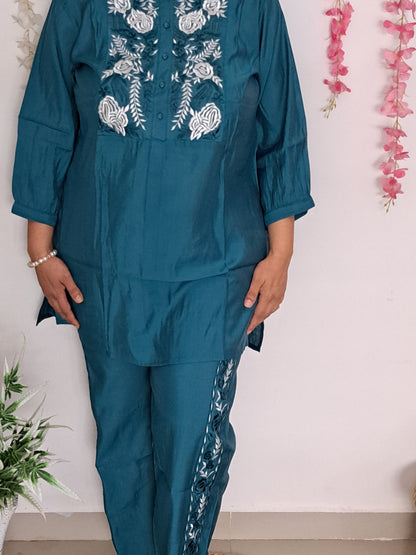 Teal Treasures: Embroidered Muslin Co-ord Set