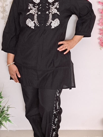 Ebony Elegance: Embroidered Muslin Co-ord Set