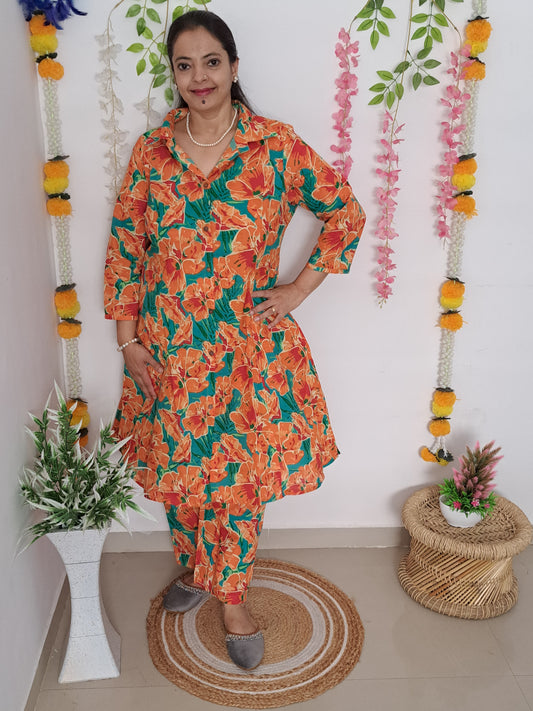 Citrus Charm: Floral Orange Cotton Co-ord Set