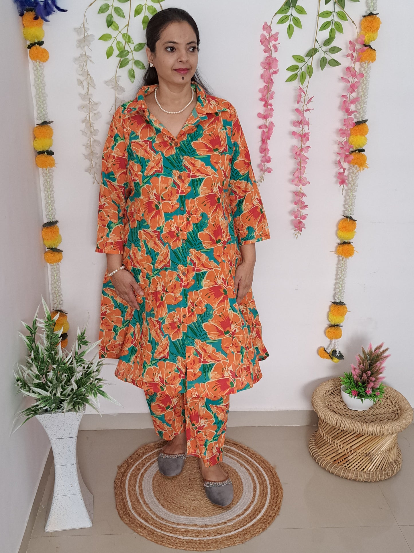 Citrus Charm: Floral Orange Cotton Co-ord Set