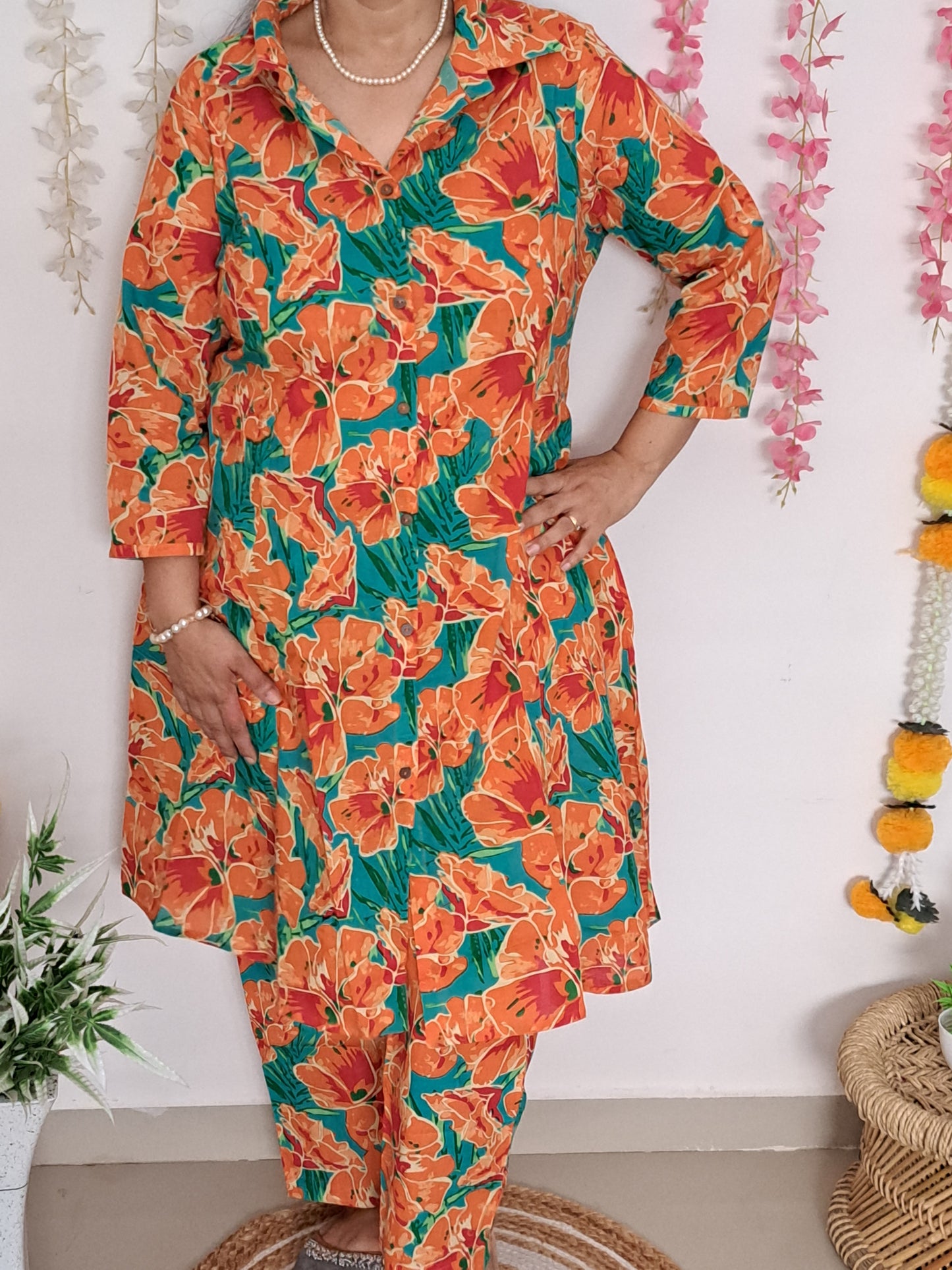 Citrus Charm: Floral Orange Cotton Co-ord Set