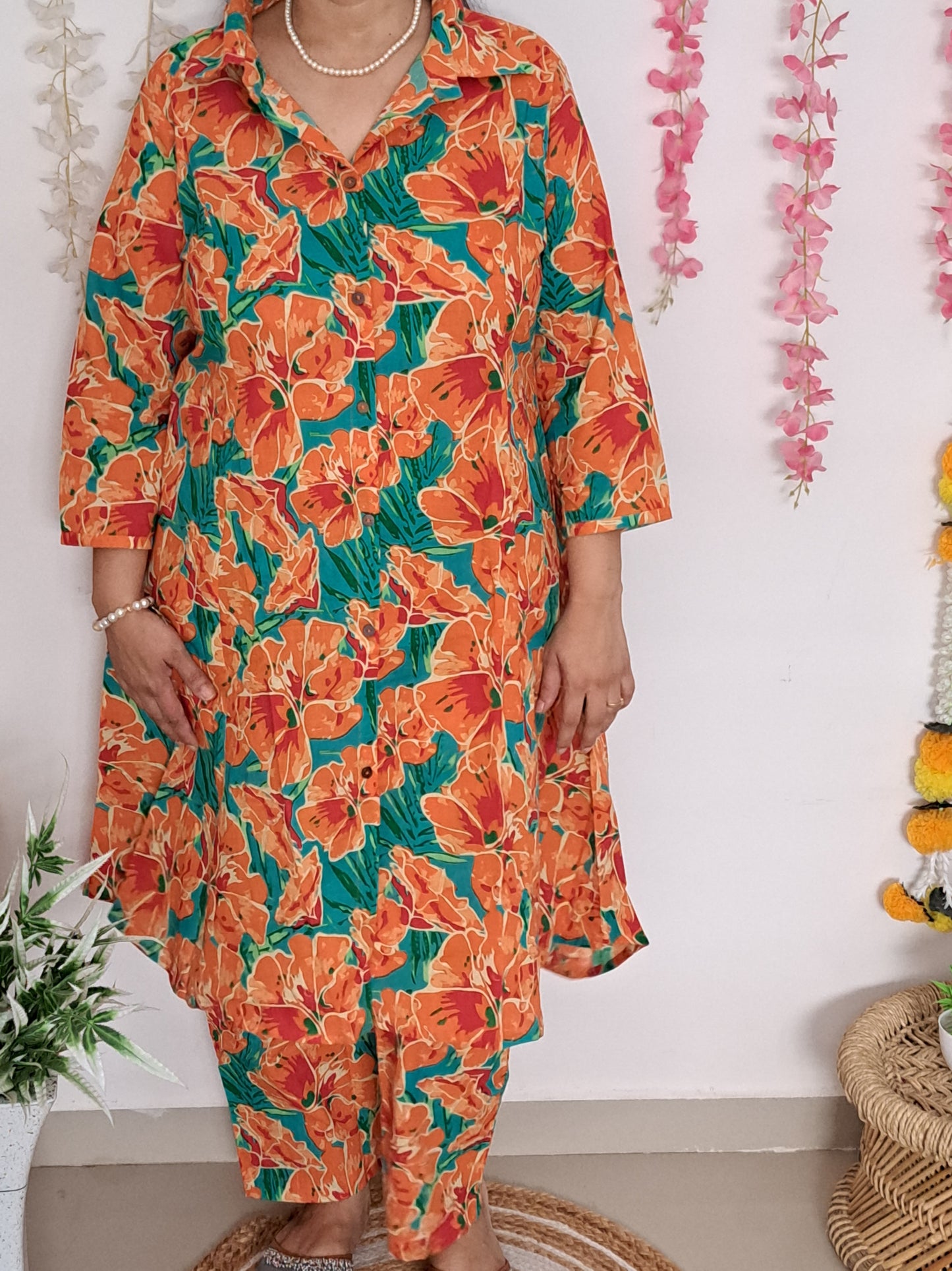 Citrus Charm: Floral Orange Cotton Co-ord Set