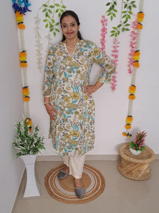 Mystic Meadow: Floral Green & Blue Cotton Angarkha Set