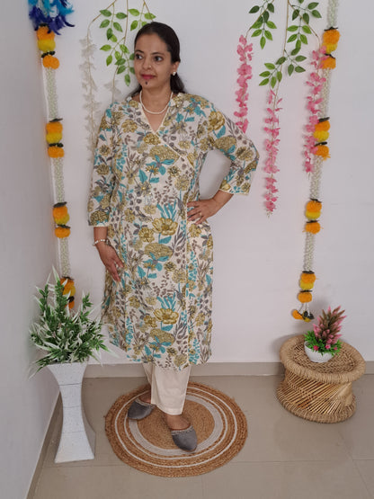 Mystic Meadow: Floral Green & Blue Cotton Angarkha Set