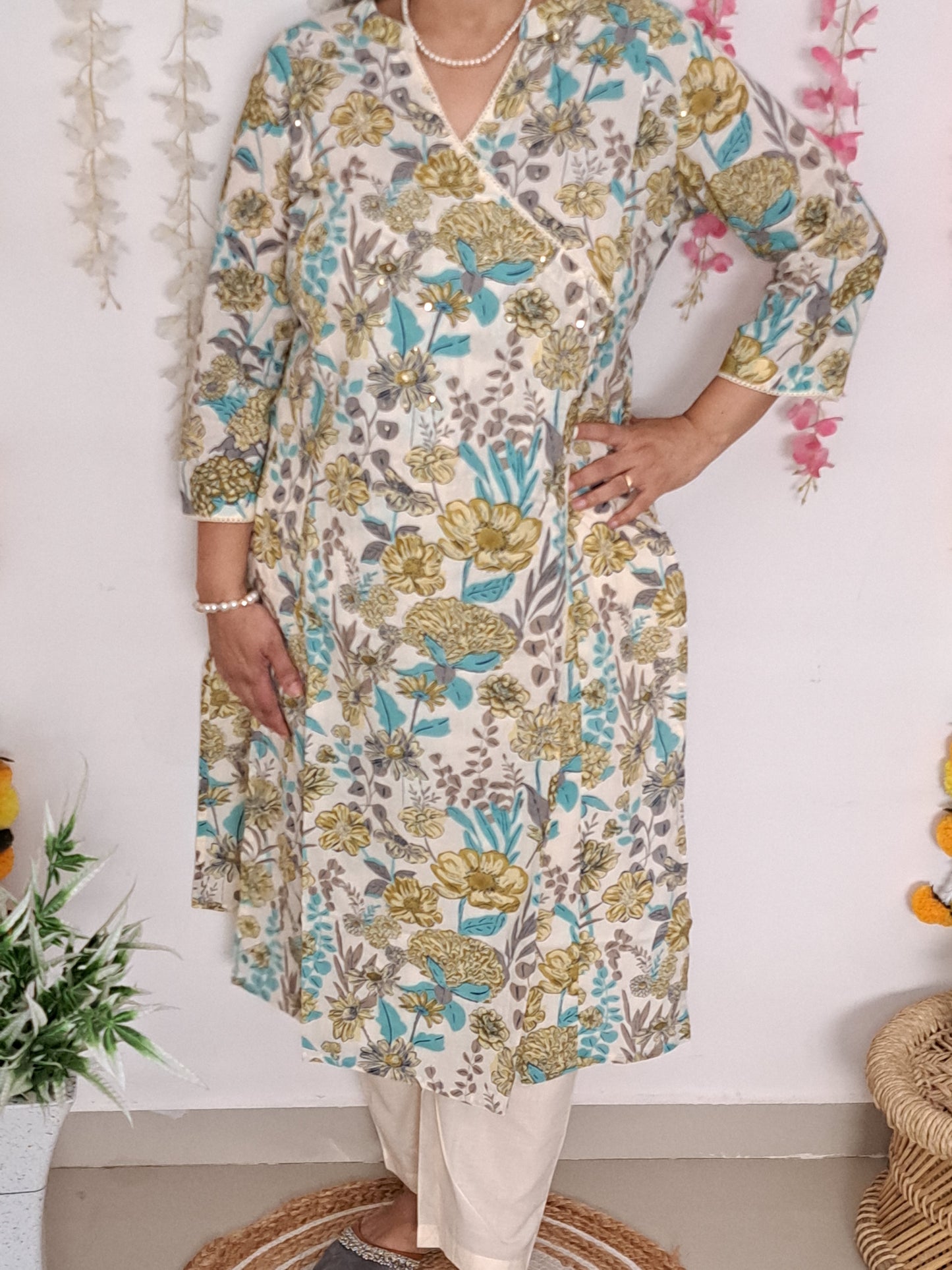 Mystic Meadow: Floral Green & Blue Cotton Angarkha Set