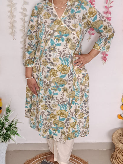 Mystic Meadow: Floral Green & Blue Cotton Angarkha Set