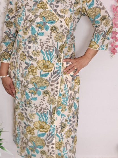 Mystic Meadow: Floral Green & Blue Cotton Angarkha Set