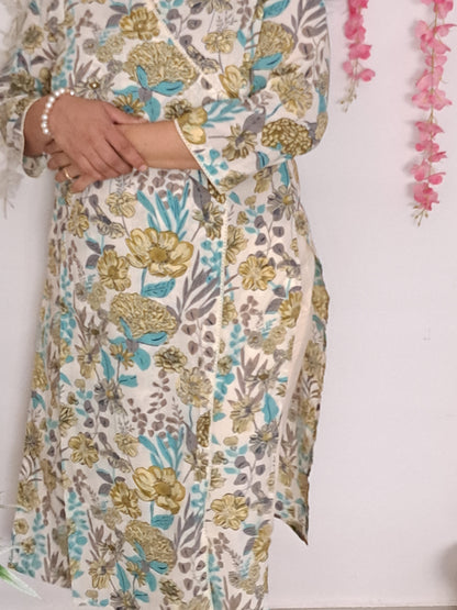 Mystic Meadow: Floral Green & Blue Cotton Angarkha Set