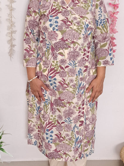 Lavender Elegance: Floral Purple Cotton Angarkha Set