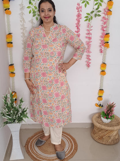 Rose Petal: Floral Pink Cotton Angarkha Set