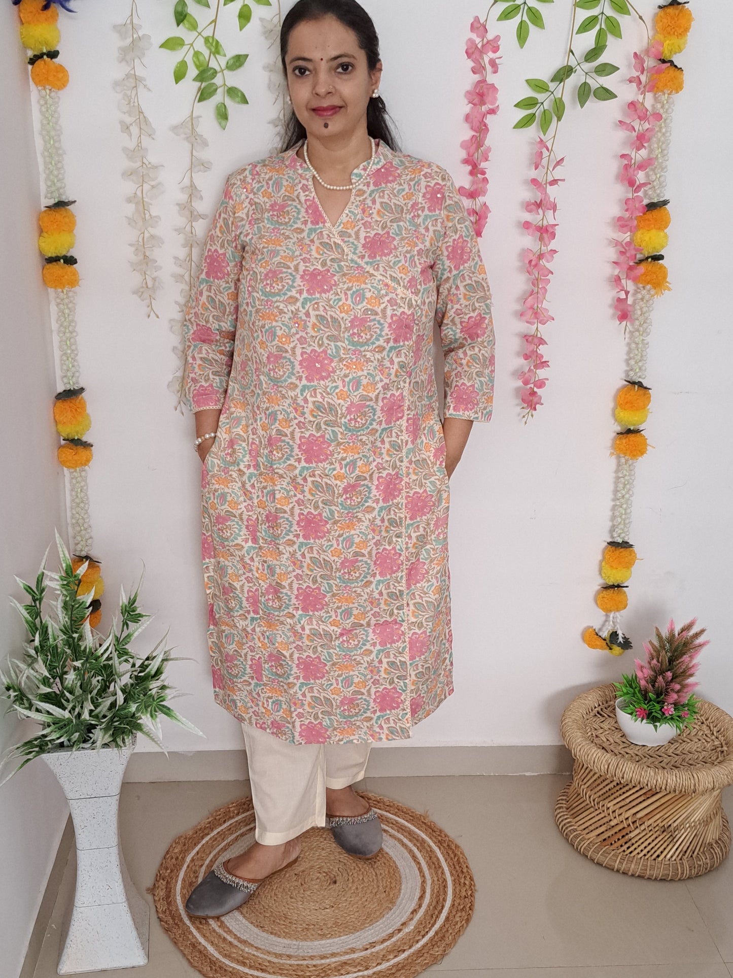 Rose Petal: Floral Pink Cotton Angarkha Set