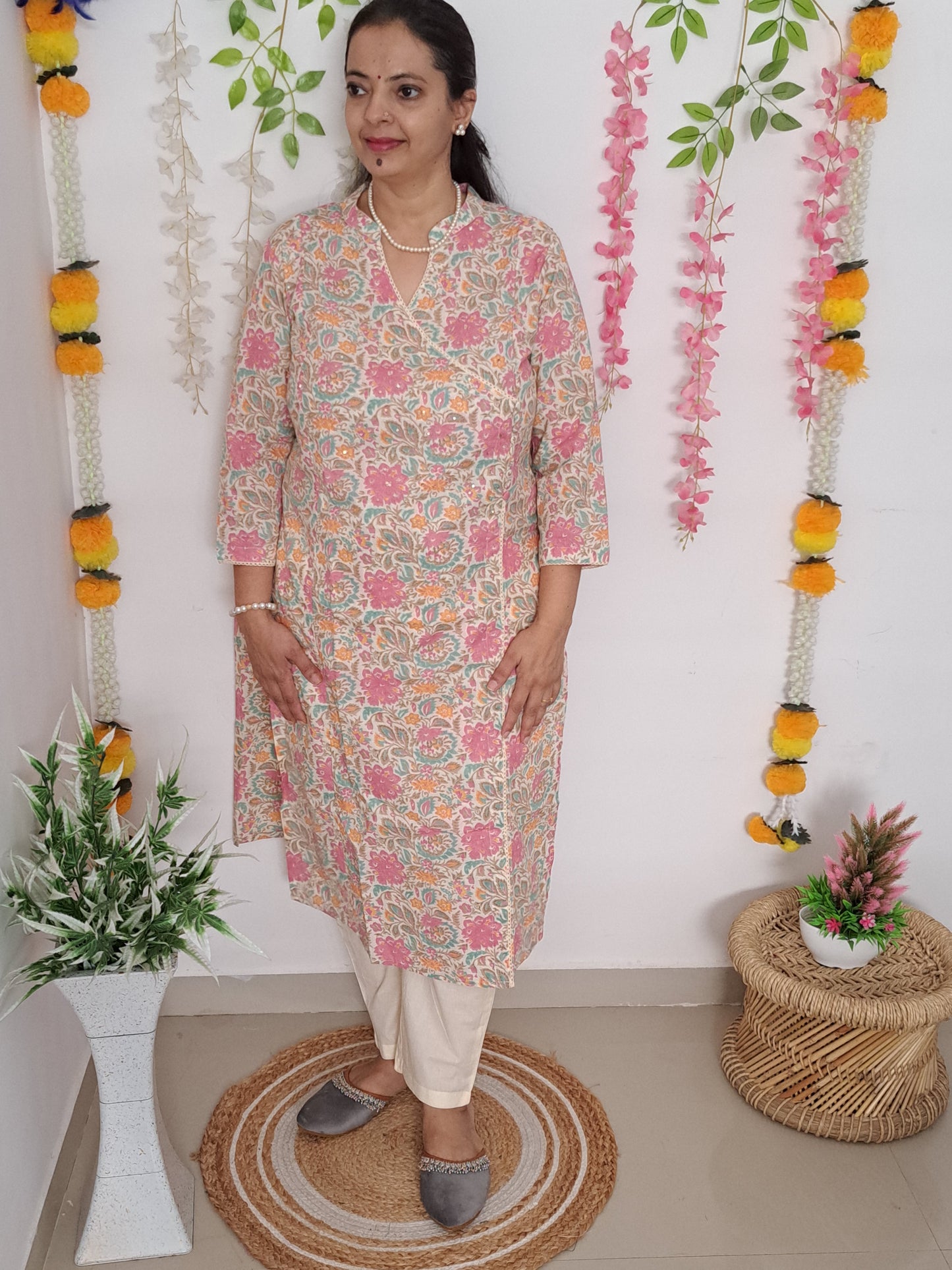 Rose Petal: Floral Pink Cotton Angarkha Set