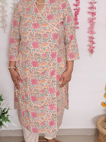 Rose Petal: Floral Pink Cotton Angarkha Set