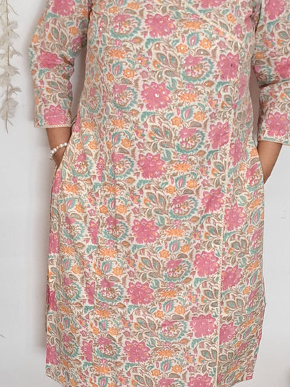 Rose Petal: Floral Pink Cotton Angarkha Set