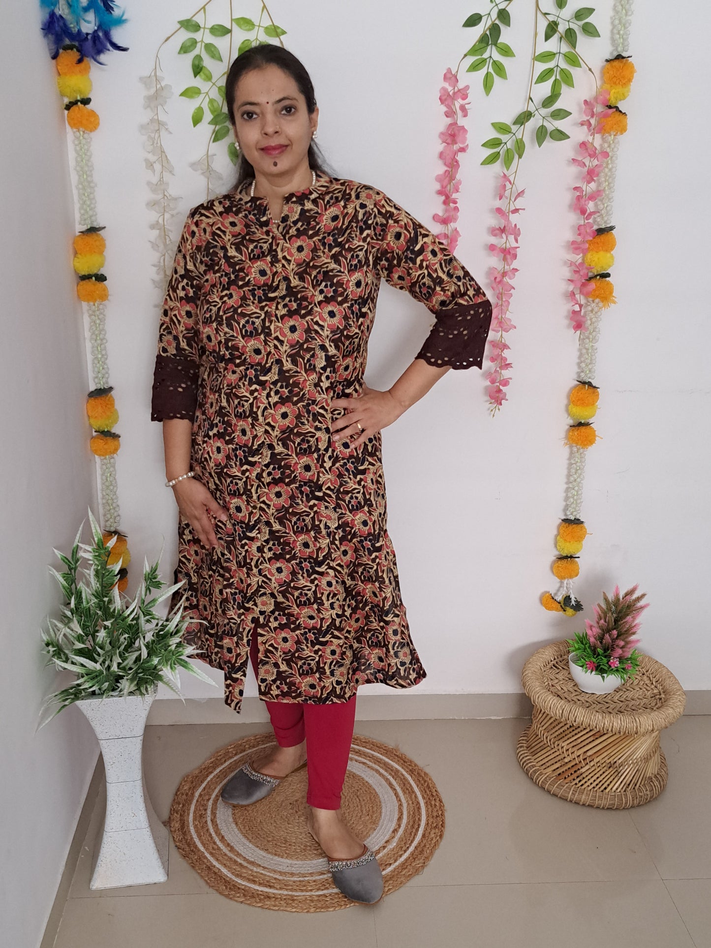 Nature's Hues: Brown & Blue Floral A-Line Kurti with pockets