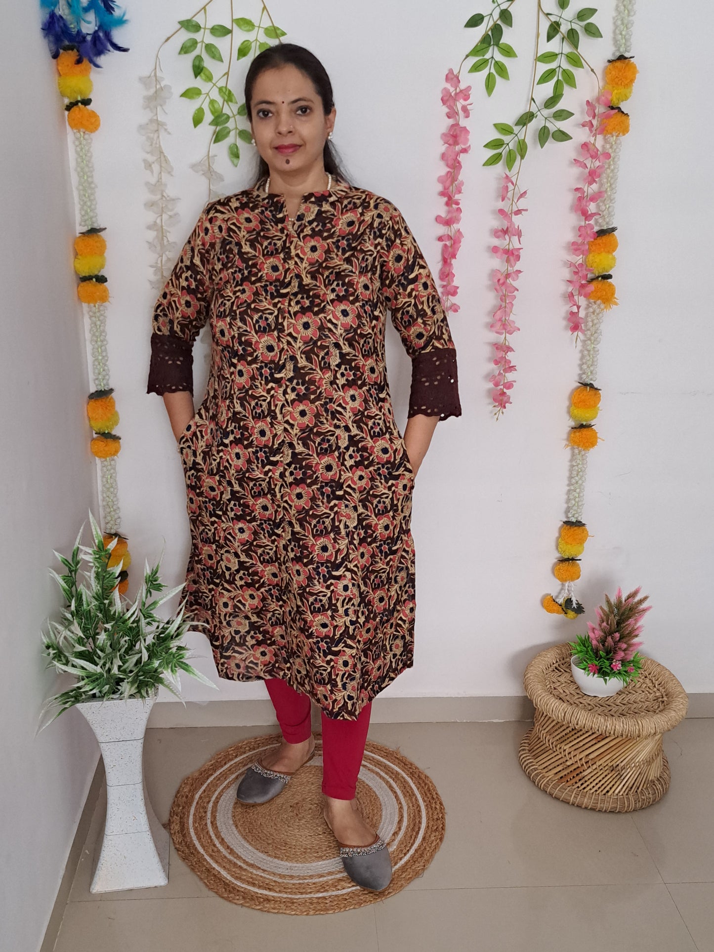 Nature's Hues: Brown & Blue Floral A-Line Kurti with pockets