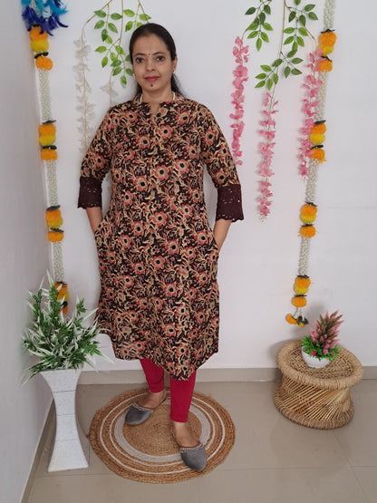 Nature's Hues: Brown & Blue Floral A-Line Kurti with pockets