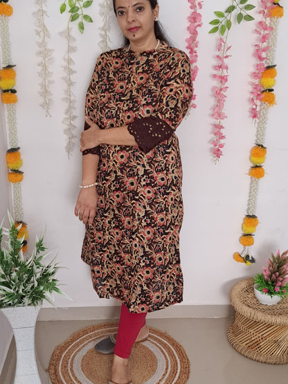 Nature's Hues: Brown & Blue Floral A-Line Kurti with pockets