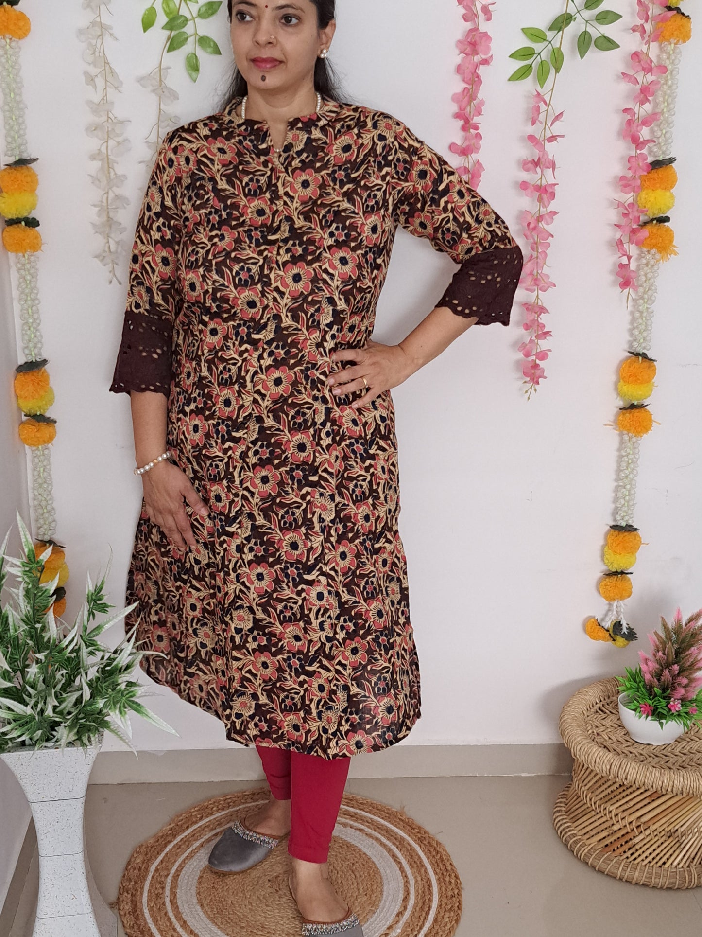 Nature's Hues: Brown & Blue Floral A-Line Kurti with pockets