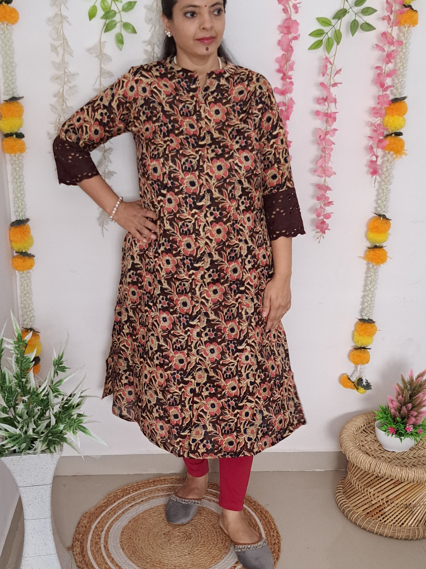 Nature's Hues: Brown & Blue Floral A-Line Kurti with pockets