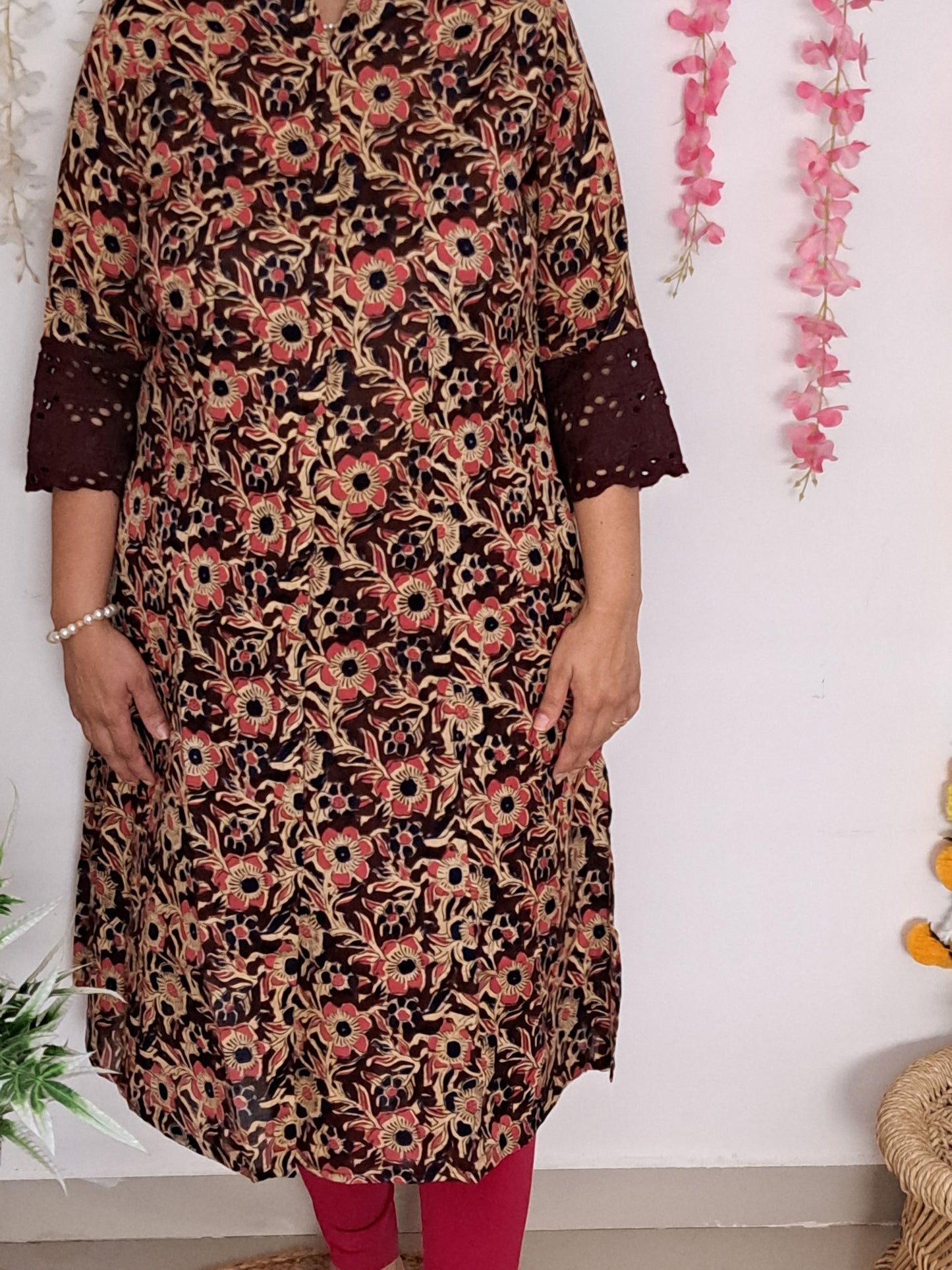 Nature's Hues: Brown & Blue Floral A-Line Kurti with pockets