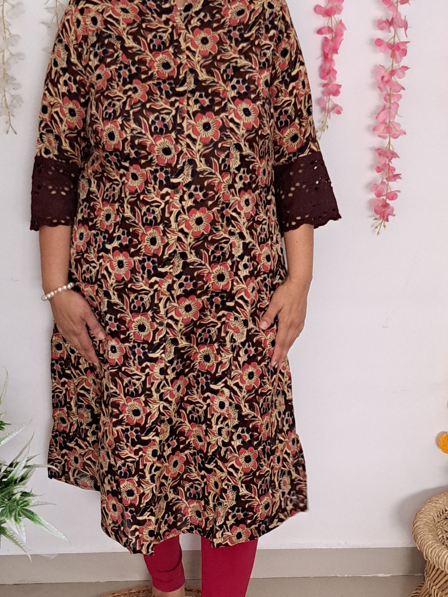 Nature's Hues: Brown & Blue Floral A-Line Kurti with pockets