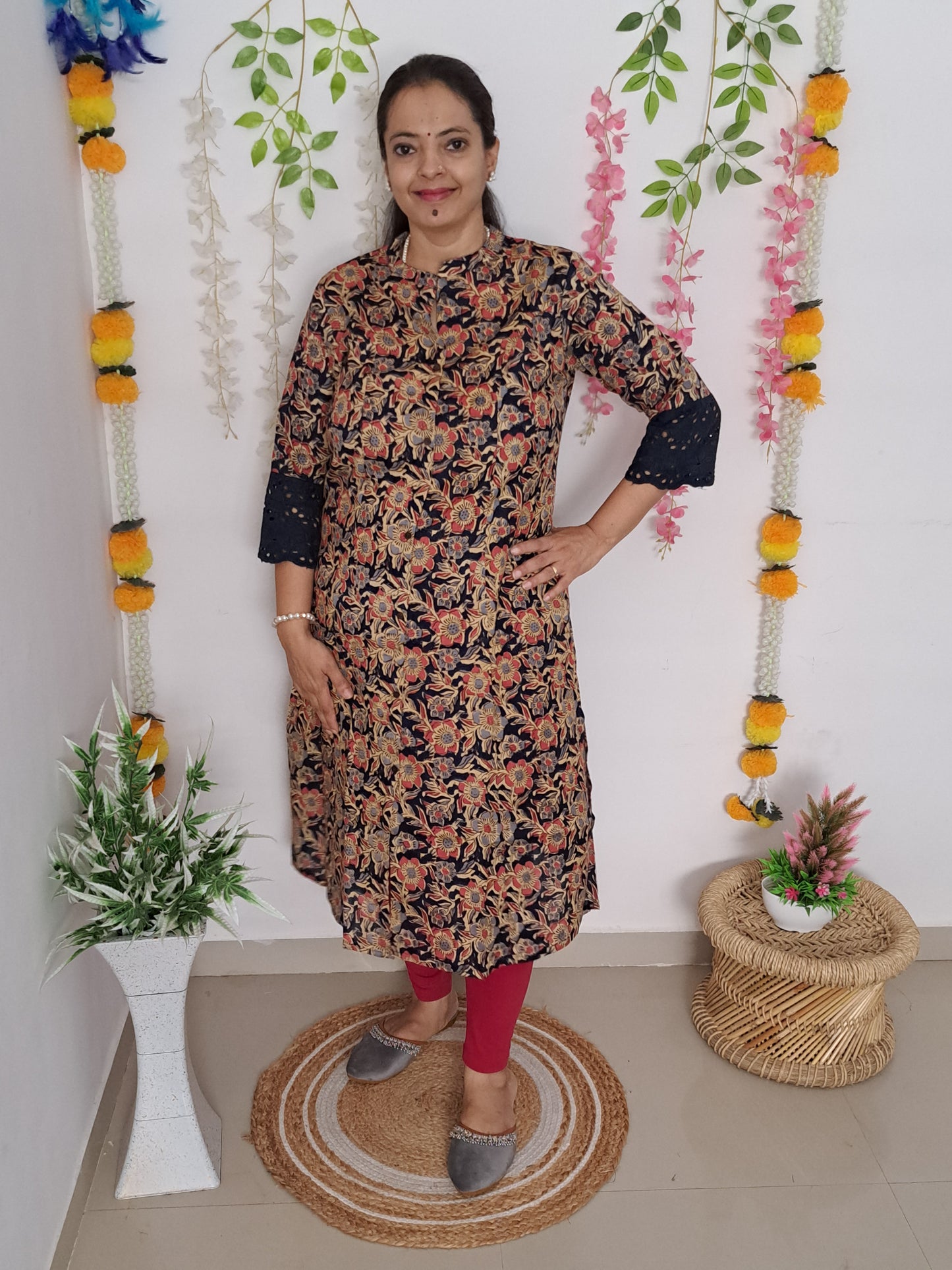 Royal Garden: Blue & Red Floral A-Line Kurti