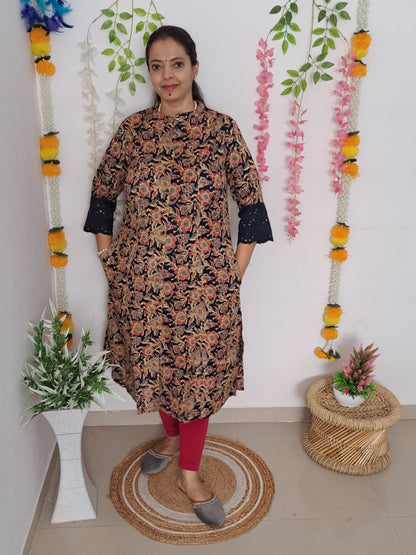 Royal Garden: Blue & Red Floral A-Line Kurti