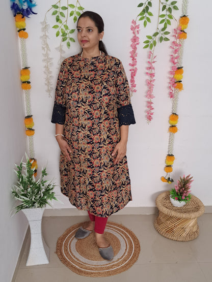 Royal Garden: Blue & Red Floral A-Line Kurti