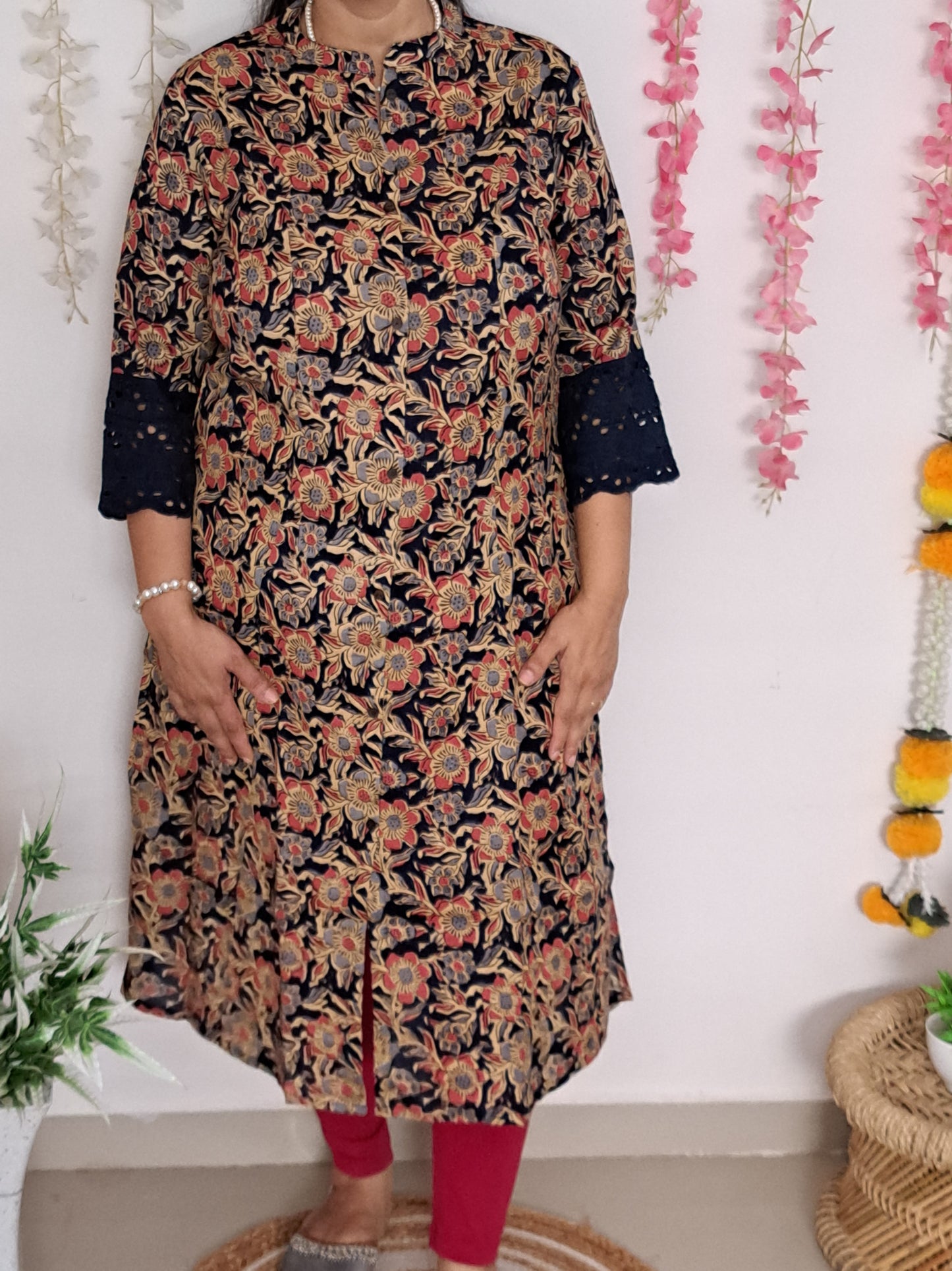 Royal Garden: Blue & Red Floral A-Line Kurti