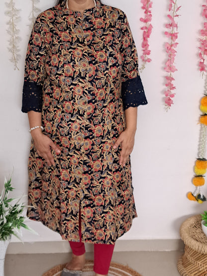 Royal Garden: Blue & Red Floral A-Line Kurti