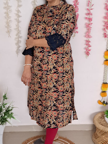 Royal Garden: Blue & Red Floral A-Line Kurti