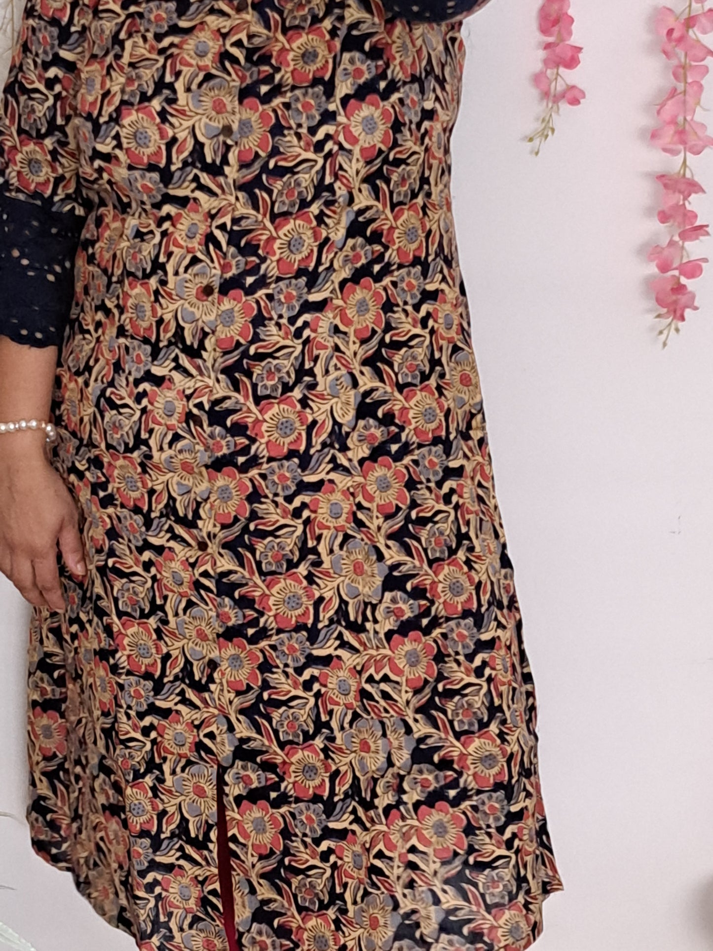 Royal Garden: Blue & Red Floral A-Line Kurti