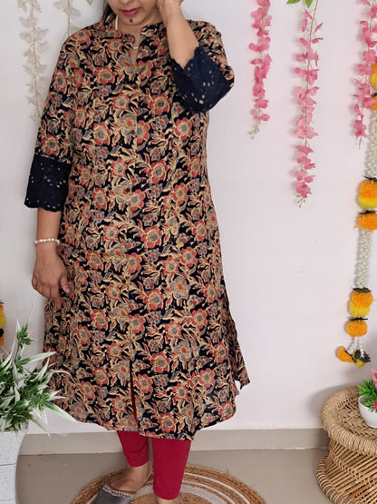 Royal Garden: Blue & Red Floral A-Line Kurti