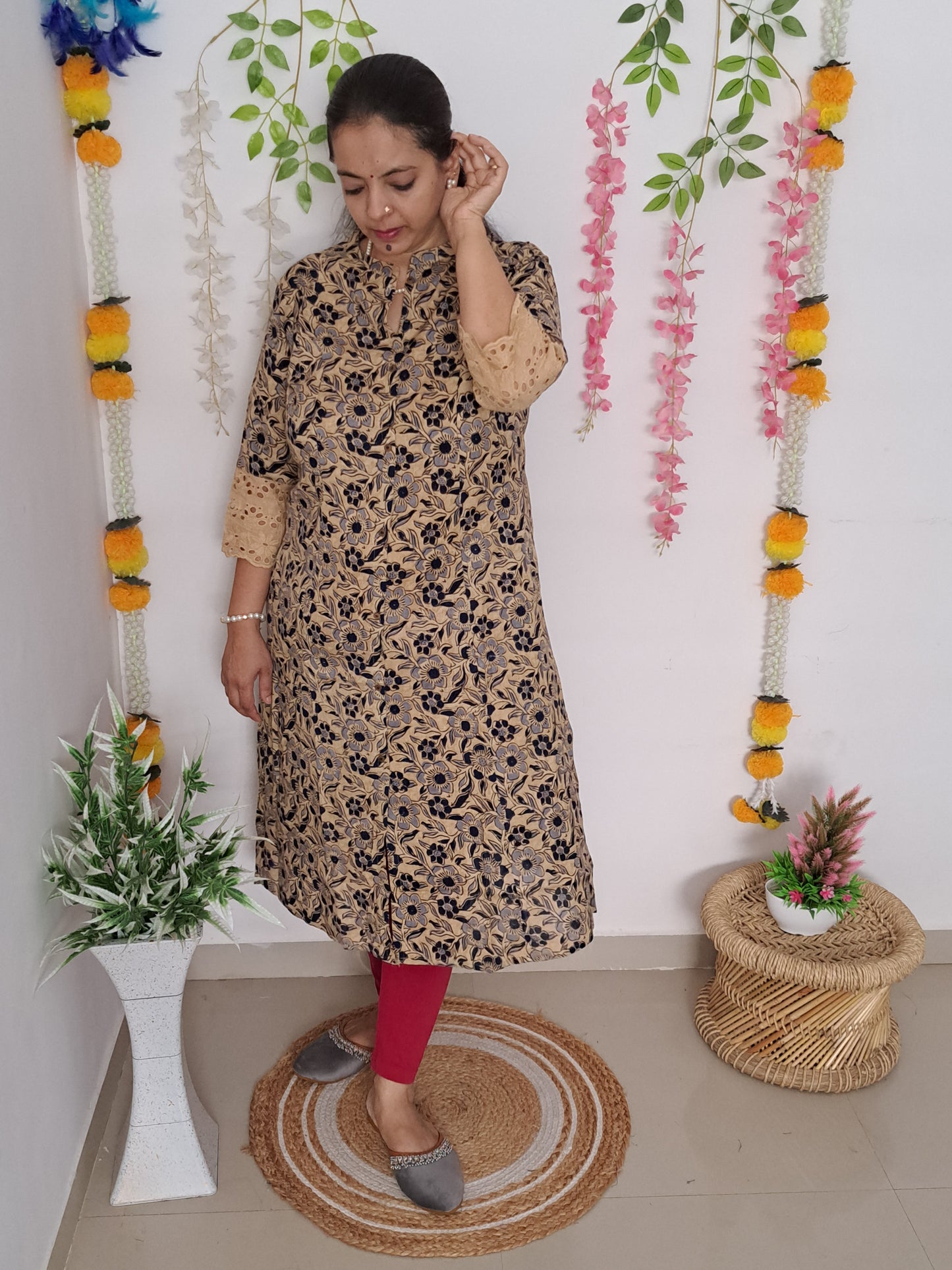 Breezy Botanics: Off White & Blue Floral A-Line Kurti with pockets