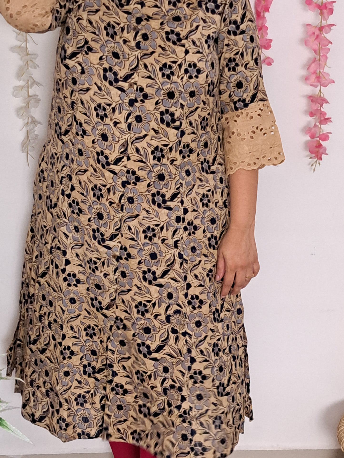 Breezy Botanics: Off White & Blue Floral A-Line Kurti with pockets