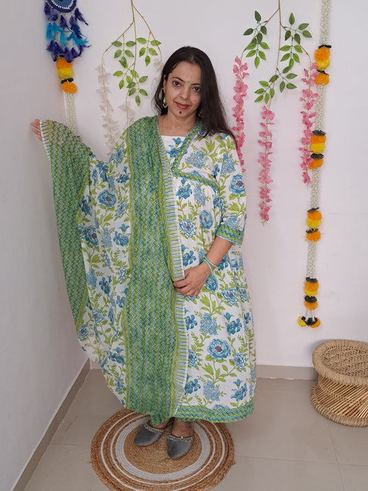 Floral Bliss: Green Pure Cotton Alia Cut Kurta Pant and Dupatta Set