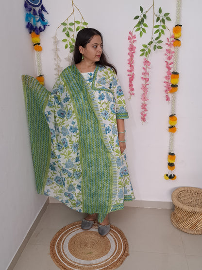 Floral Bliss: Green Pure Cotton Alia Cut Kurta Pant and Dupatta Set