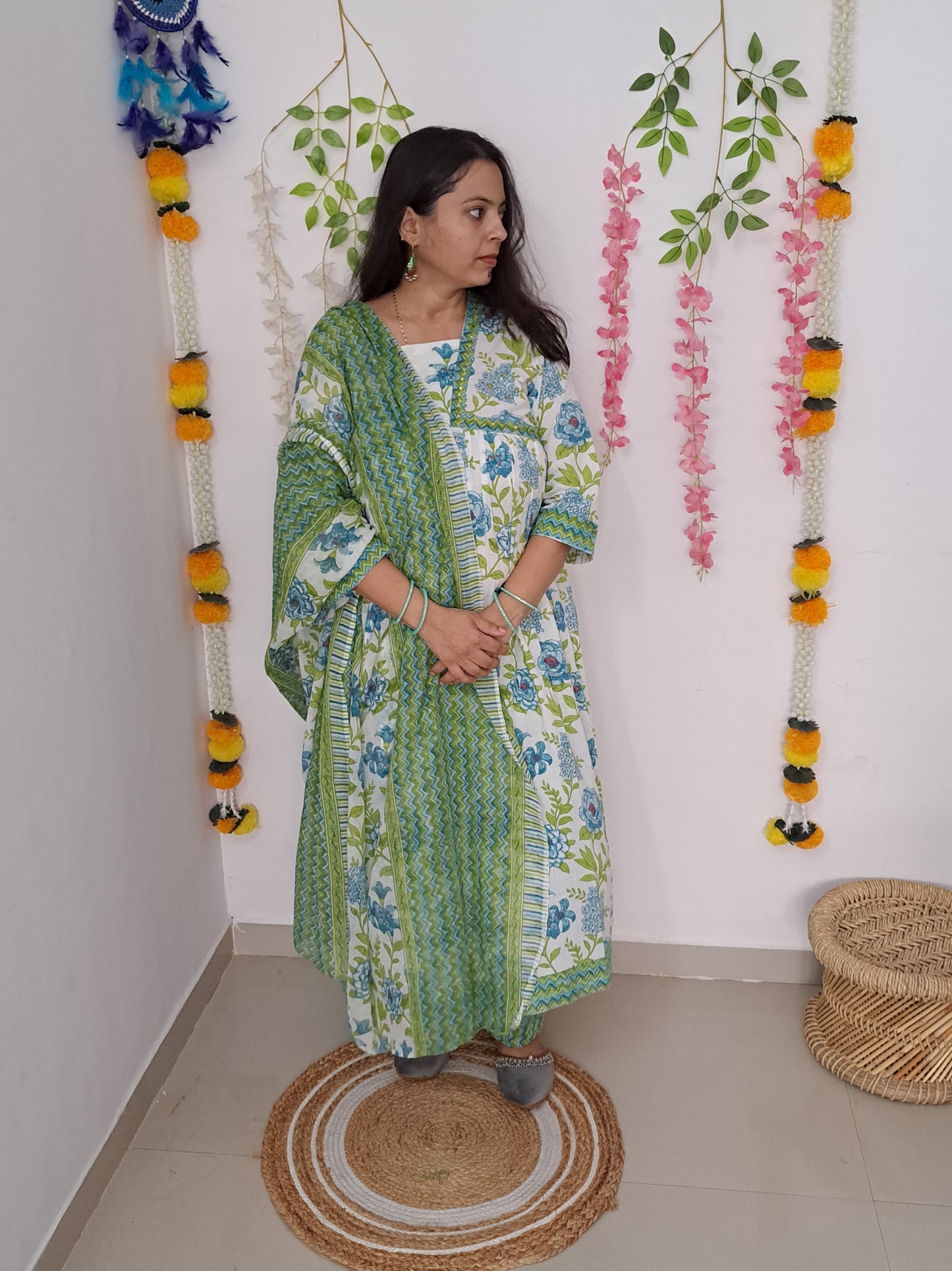 Floral Bliss: Green Pure Cotton Alia Cut Kurta Pant and Dupatta Set