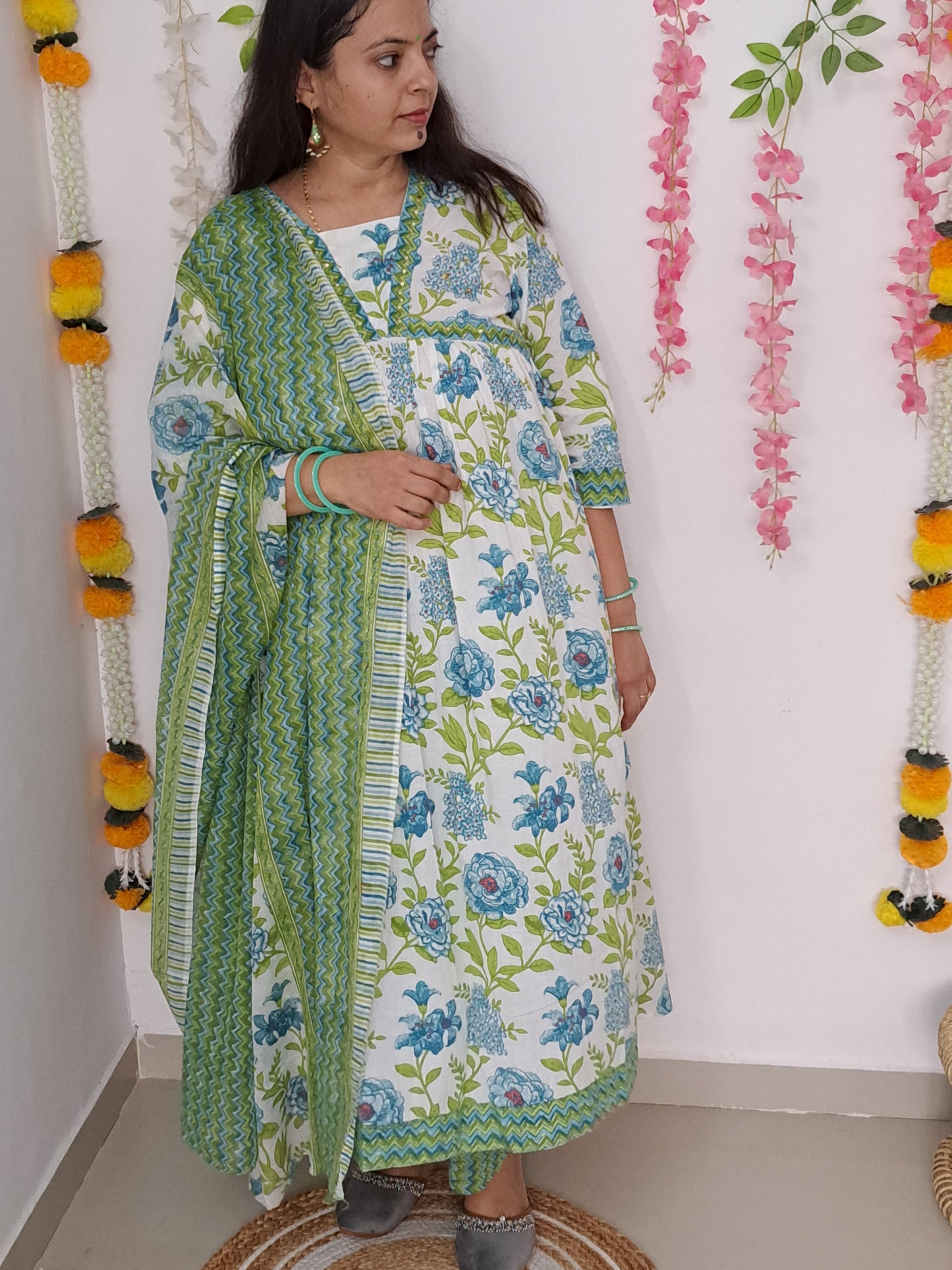 Floral Bliss: Green Pure Cotton Alia Cut Kurta Pant and Dupatta Set