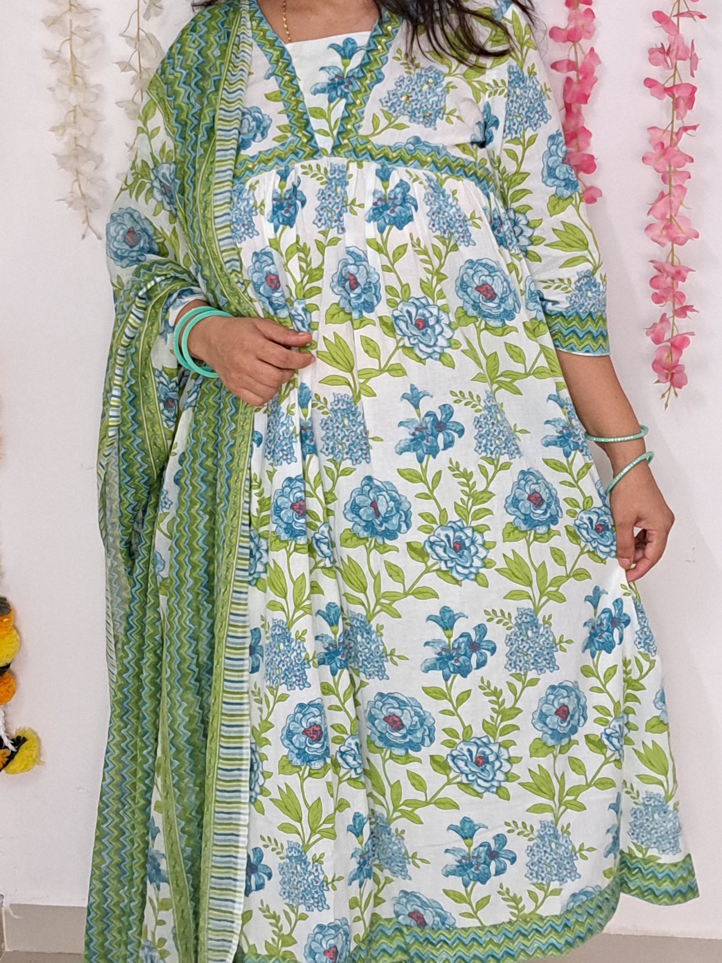 Floral Bliss: Green Pure Cotton Alia Cut Kurta Pant and Dupatta Set