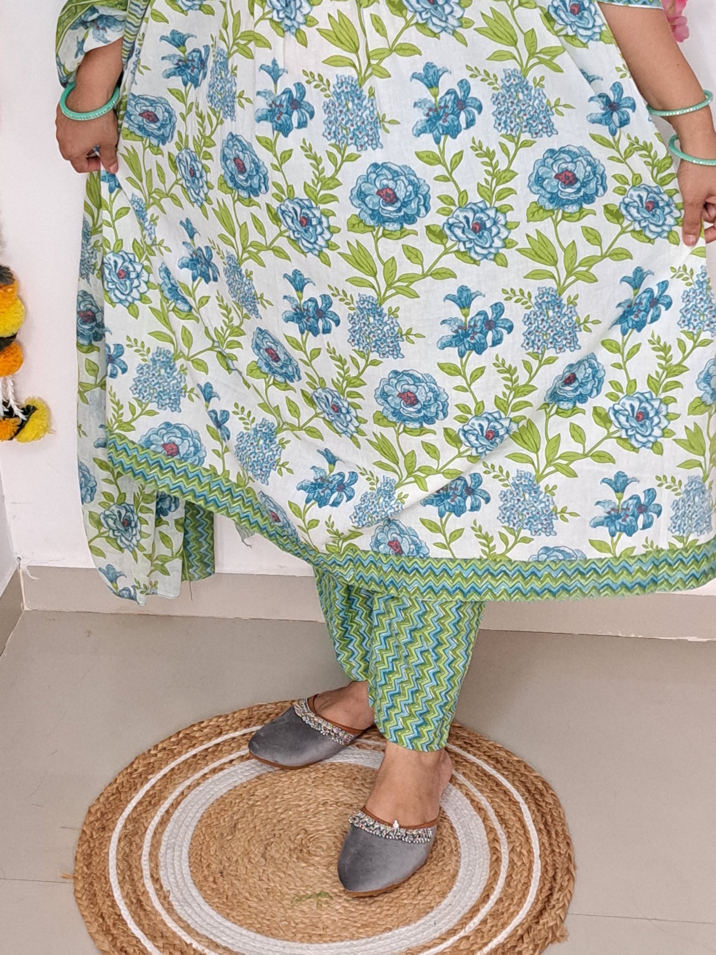 Floral Bliss: Green Pure Cotton Alia Cut Kurta Pant and Dupatta Set