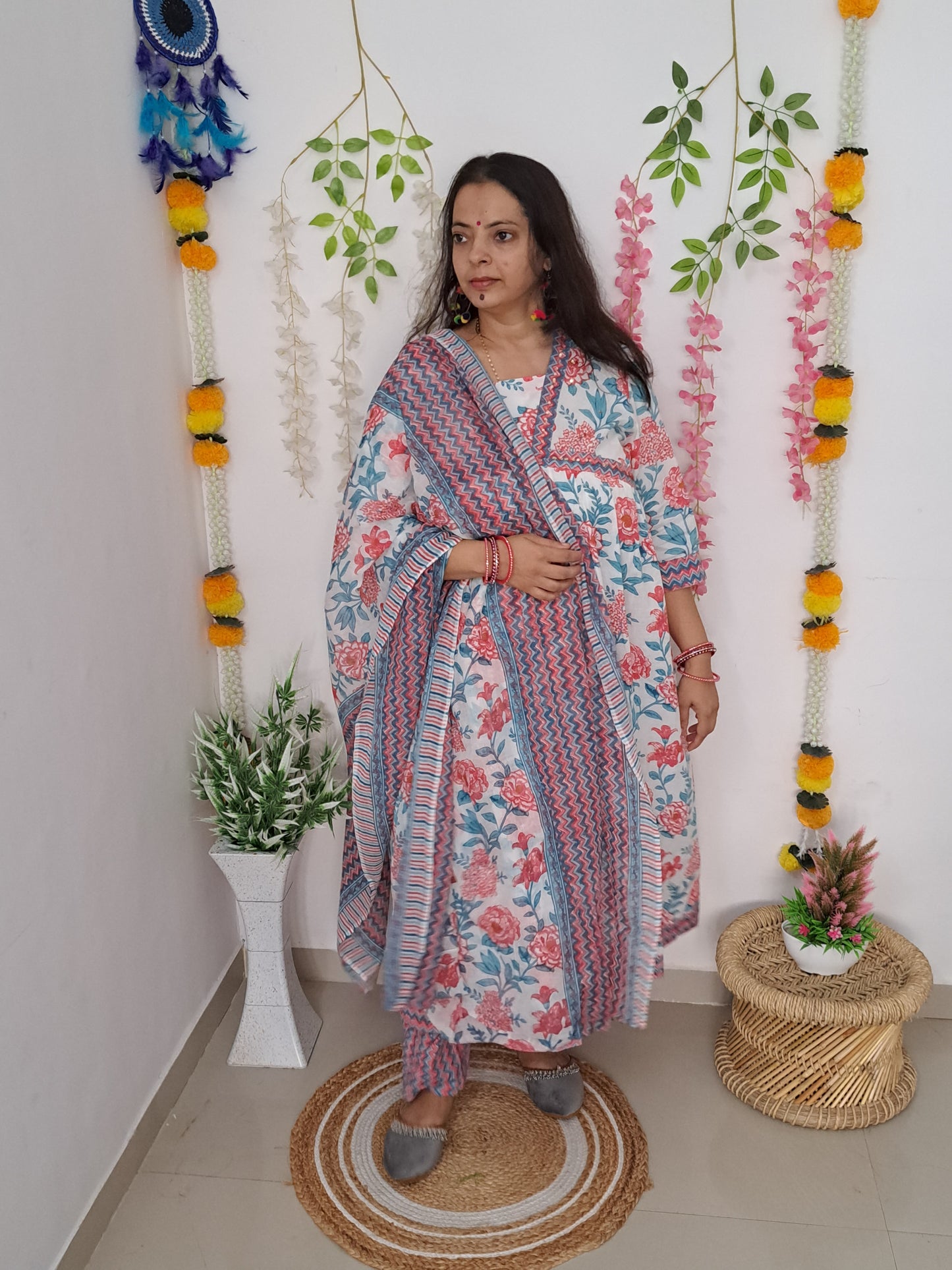 Floral Bliss: Pink Pure Cotton Alia Cut Kurta Pant and Dupatta Set