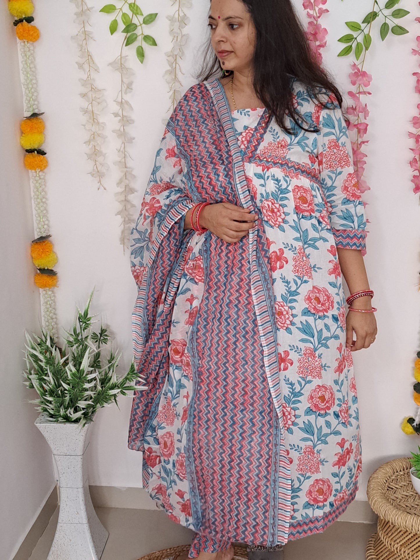 Floral Bliss: Pink Pure Cotton Alia Cut Kurta Pant and Dupatta Set